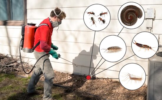 pest control technician treating exterior of house for spring moisture pests